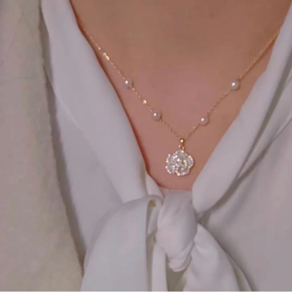 Beautiful Dainty Alloy Plated Rose Camellia Pearl Adjustable Necklace